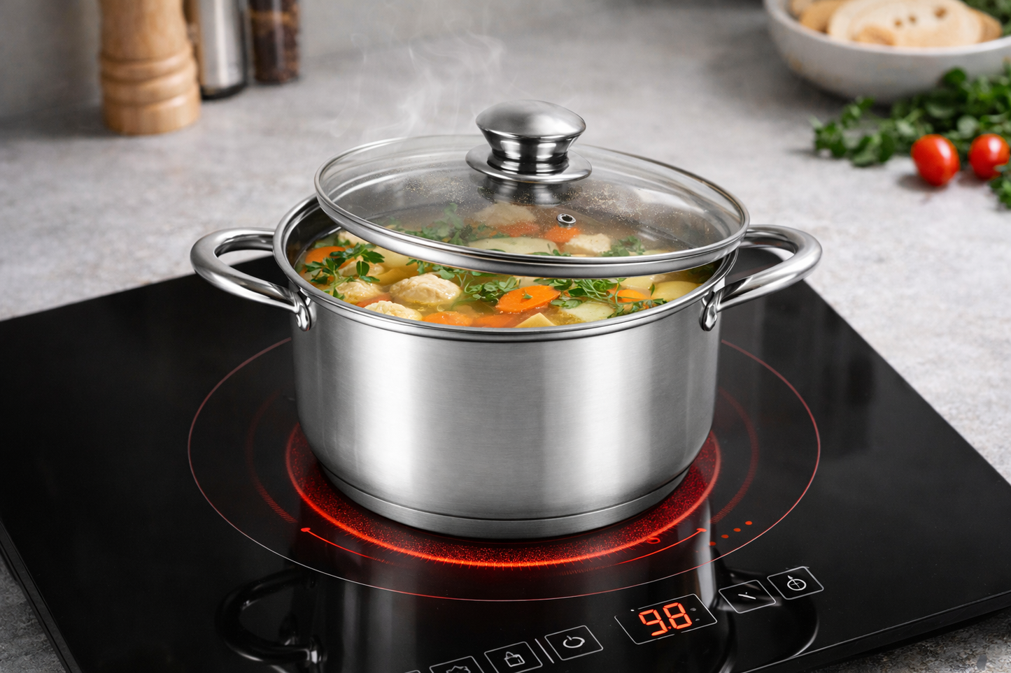 Oala inox 3.5L, 20 cm, capac sticla termorezistenta, inductie