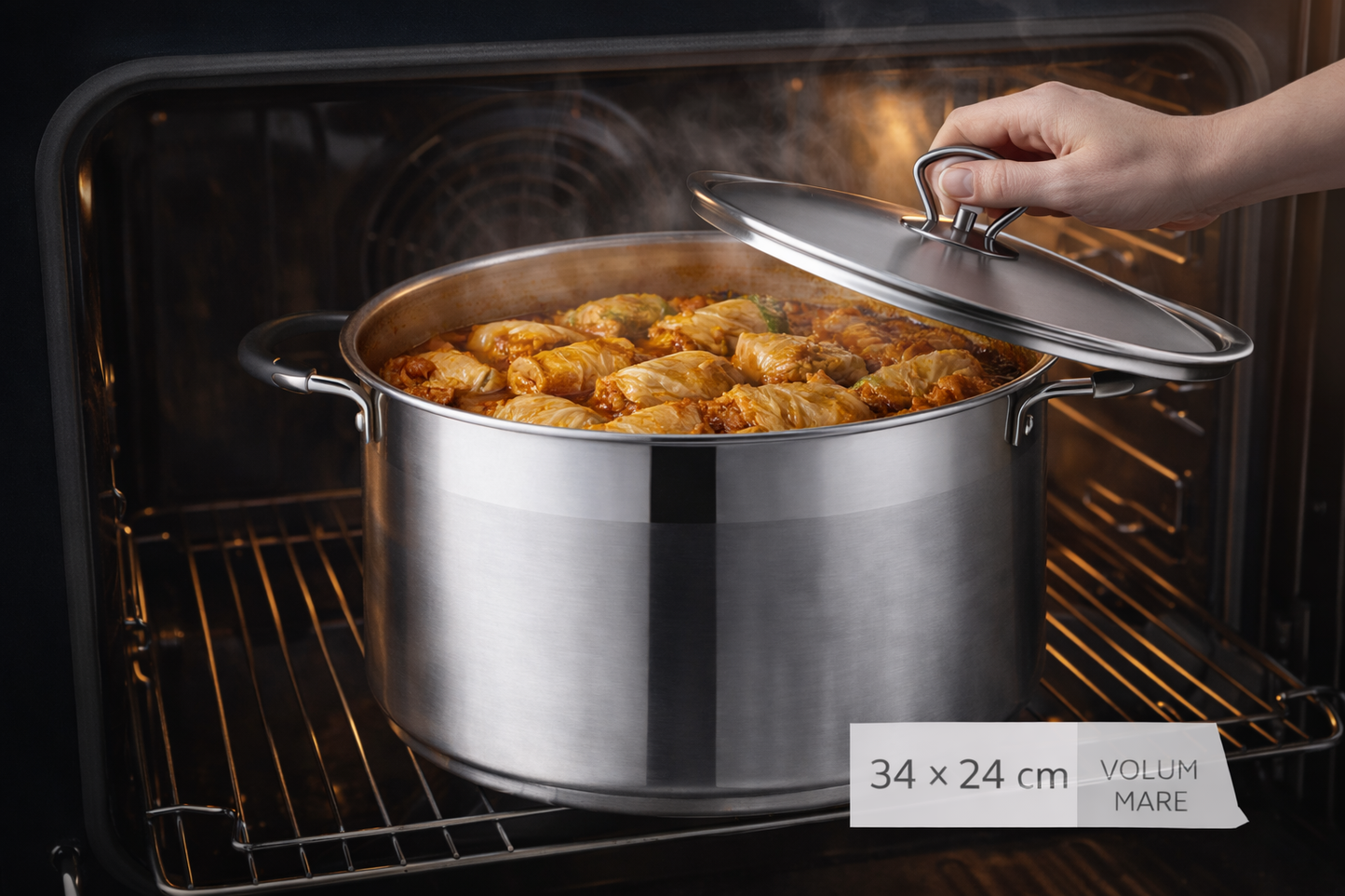 Oala Inox 22L cu Capac Metalic, 34 x 24 cm, Fund Termic