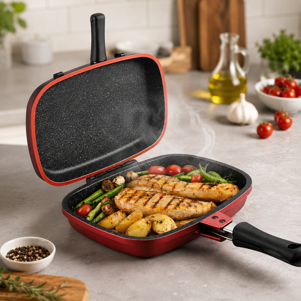 Tigaie Dubla Grill 28 cm, Marmura Antiaderenta, Aluminiu Turnat