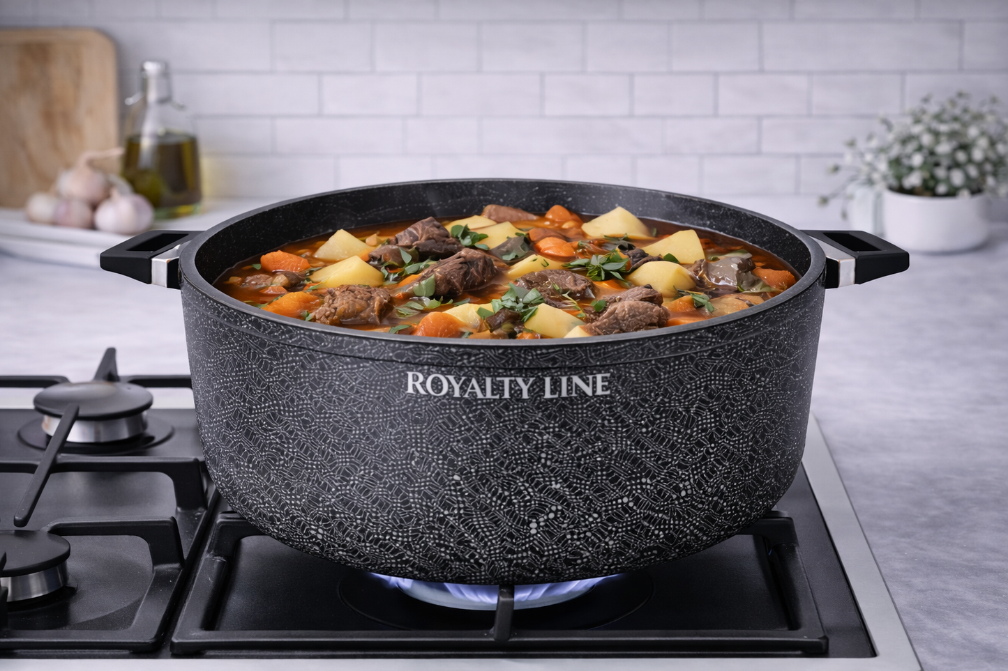 Oala din Aluminiu Turnat 44 cm, 24L, Acoperire Marmura, Capac Sticla, Royalty Line