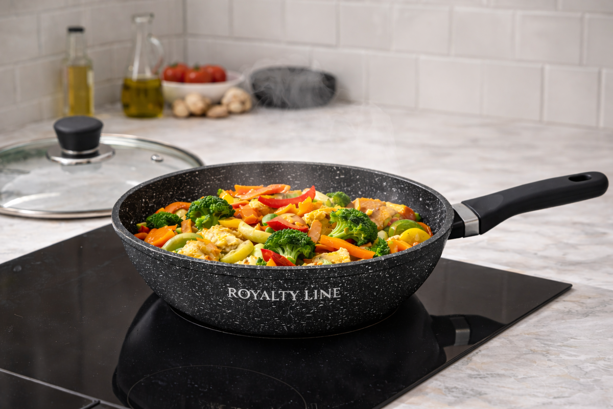 Wok din Aluminiu Turnat 28 cm, 3.7L, Acoperire Marmura, Capac Sticla, Royalty Line