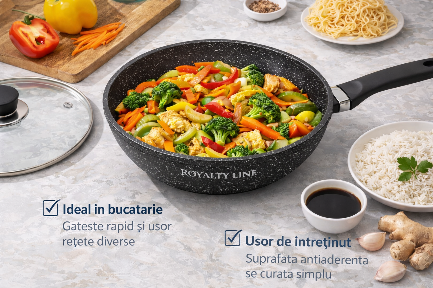 Wok din Aluminiu Turnat 32 cm, 5.9L, Acoperire Marmura, Capac Sticla, Royalty Line