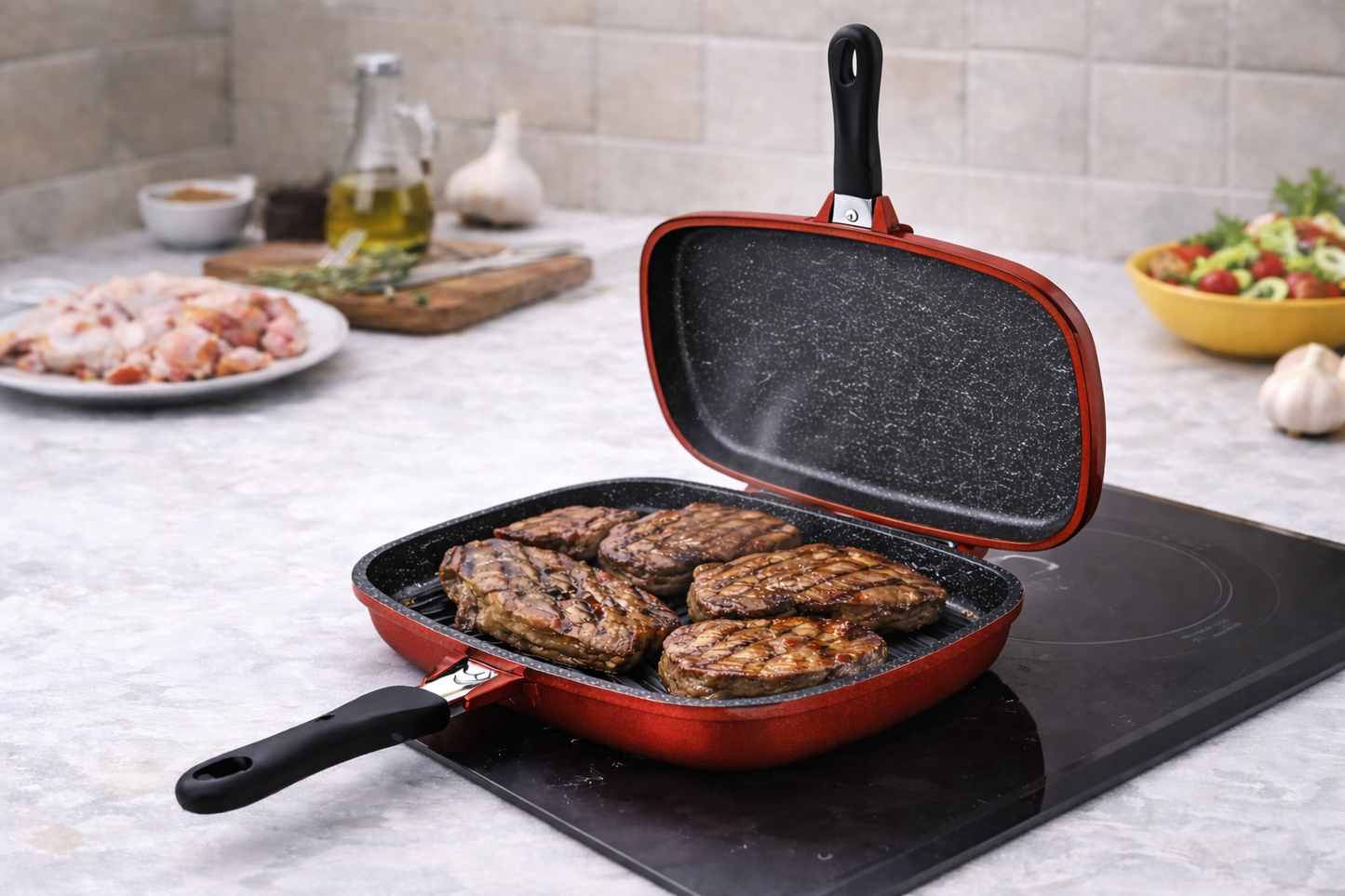 Tigaie Grill Dubla 34 cm, Aluminiu Turnat, Marmura Antiaderenta