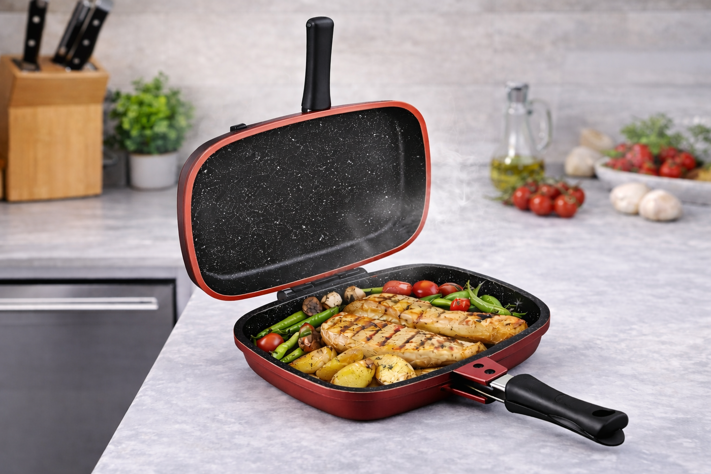 Tigaie Dubla Grill 28 cm, Marmura Antiaderenta, Aluminiu Turnat