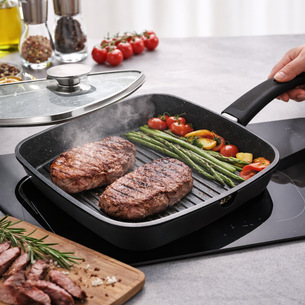 Tigaie Grill Patrata 24 cm, Capac Sticla, Aluminiu Turnat, Royalty Line