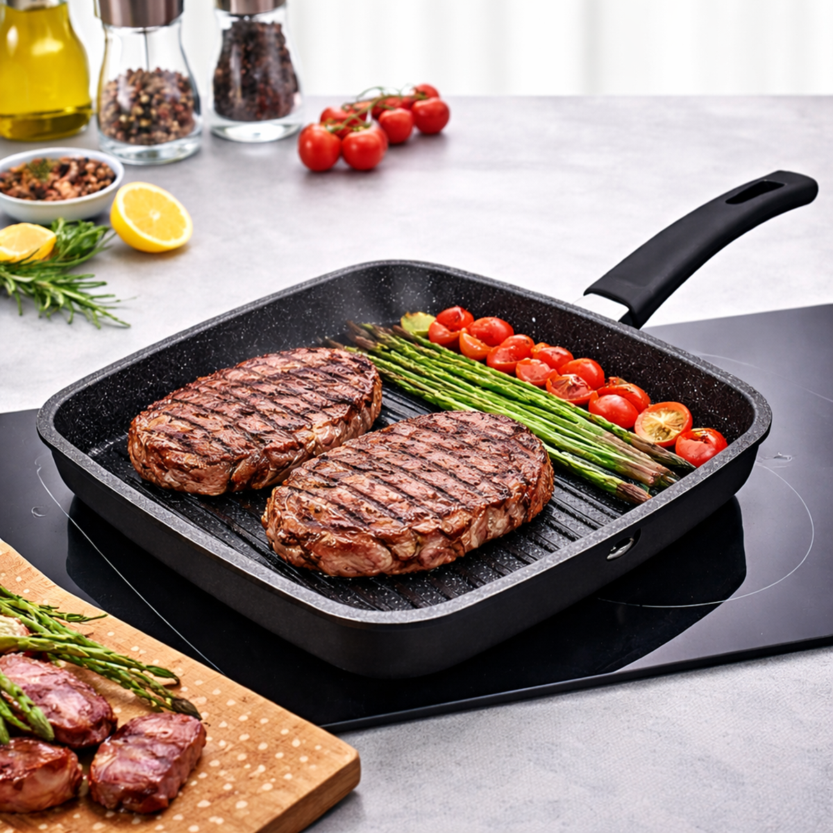 Tigaie Grill Patrata 28 cm, Antiaderenta Marble, Compatibila Inductie