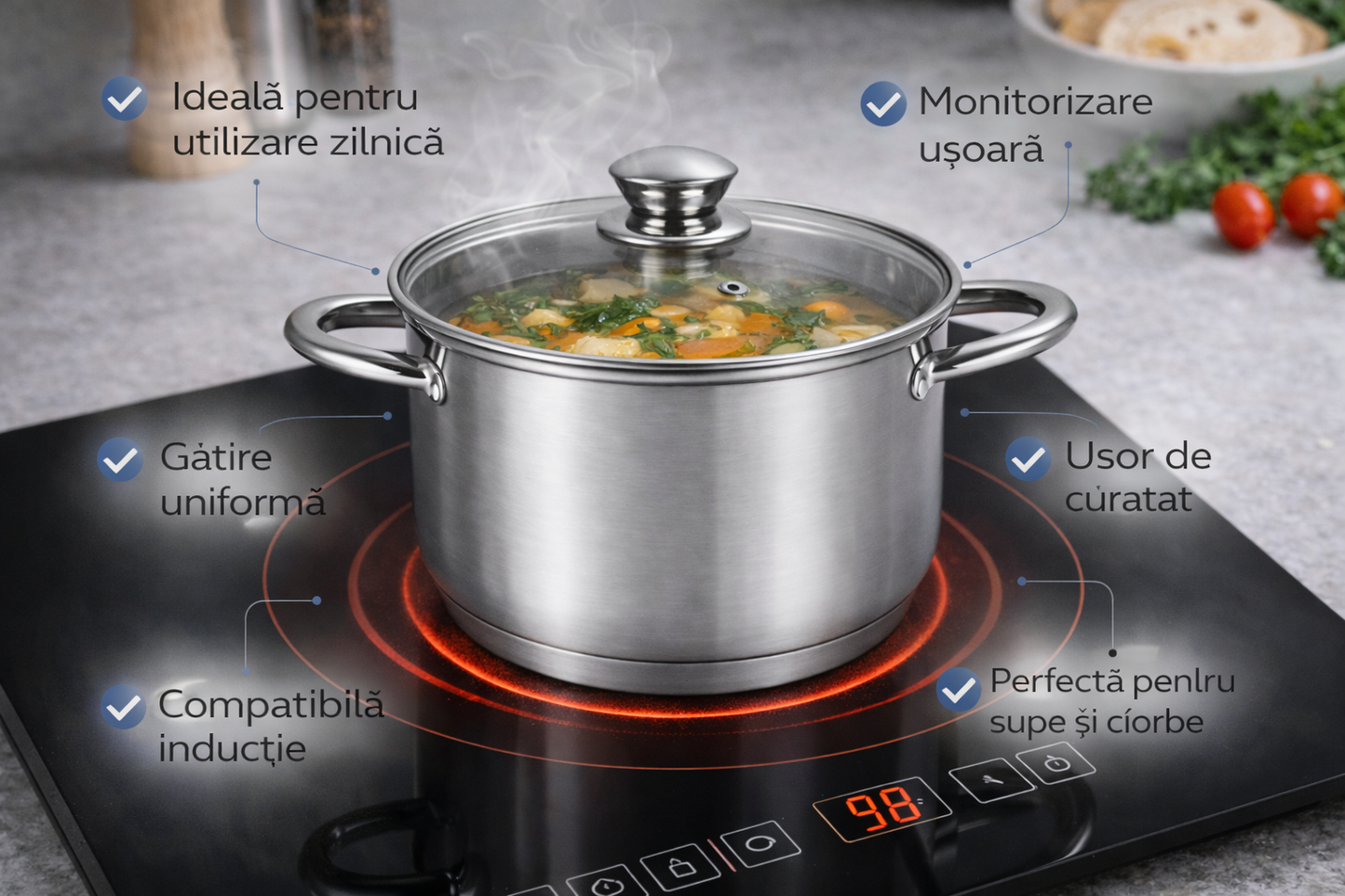 Oala Inox 2.6L, 18 cm, Capac Sticla Termorezistenta, Compatibila Inductie