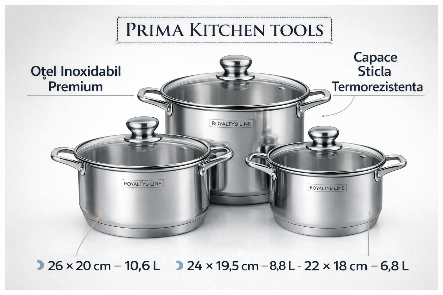 Set Oale Inox Premium, 6 Piese, Capace Sticla Termorezistenta, Royalty Line