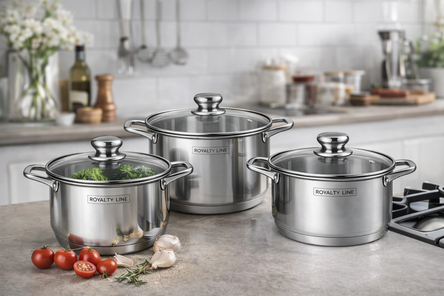Set oale inox 6 piese, 3 oale cu capace, 5.8L, 7.3L si 9.1L