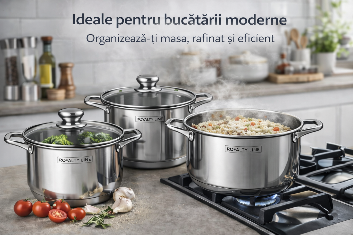 Set oale inox 6 piese, 3 oale cu capace, 5.3L, 6.8L si 8.8L