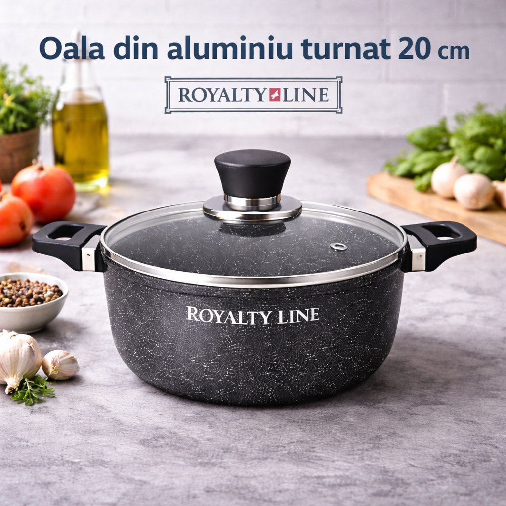 Oala din Aluminiu Turnat 20 cm, 2.5L, Capac Sticla, Royalty Line