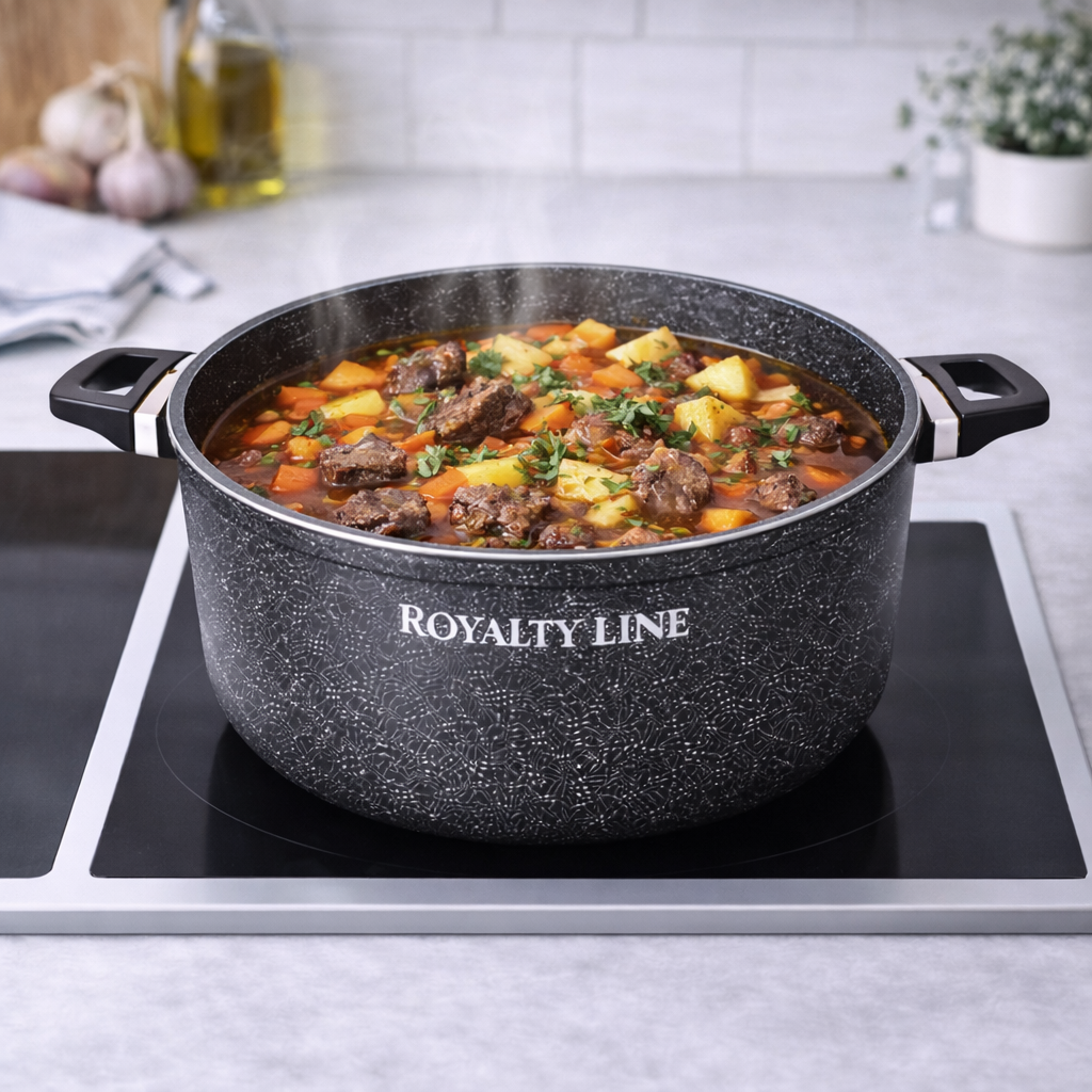 Oala Aluminiu Turnat 8.6L, 32 cm, Capac Sticla, Antiaderenta Marmura