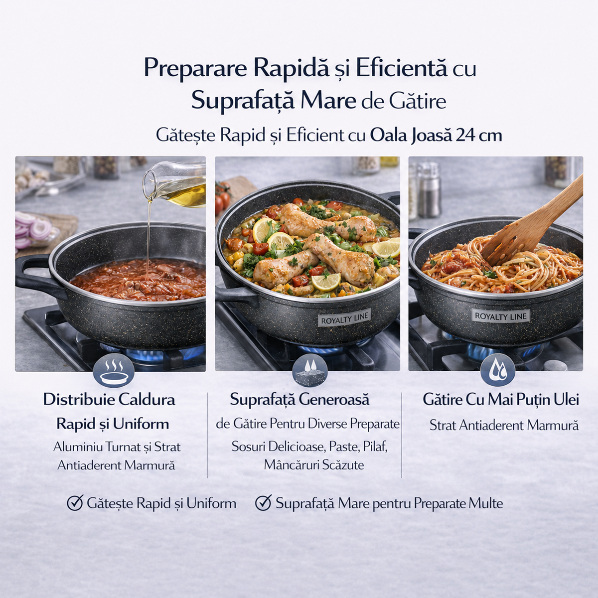 Oala Joasa din Aluminiu Turnat 24 cm, 2.5L, Acoperire Marmura, Capac Sticla, Royalty Line