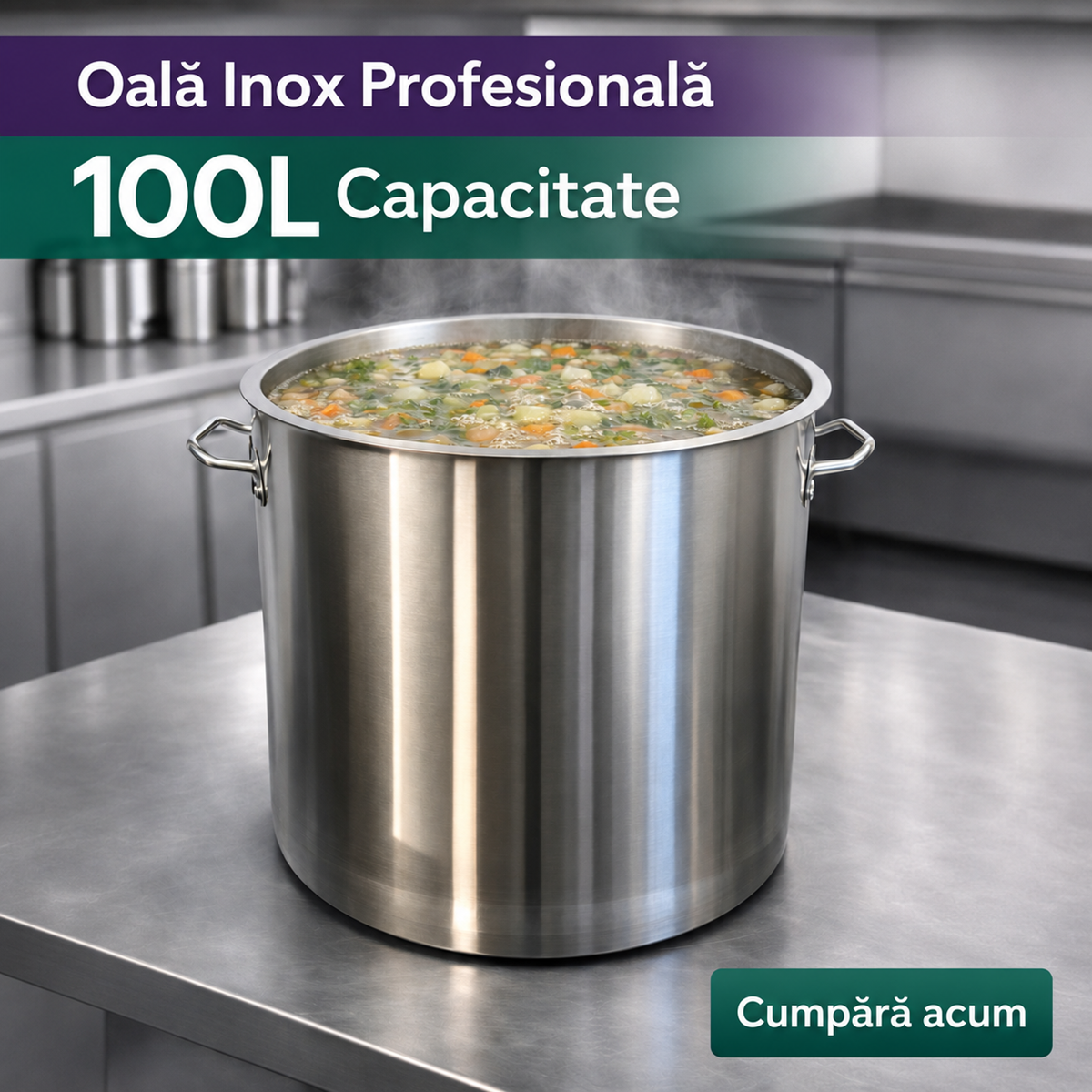 Oala Profesionala Inox 100L, 50 x 50 cm, Capac Inclus, Horeca Catering