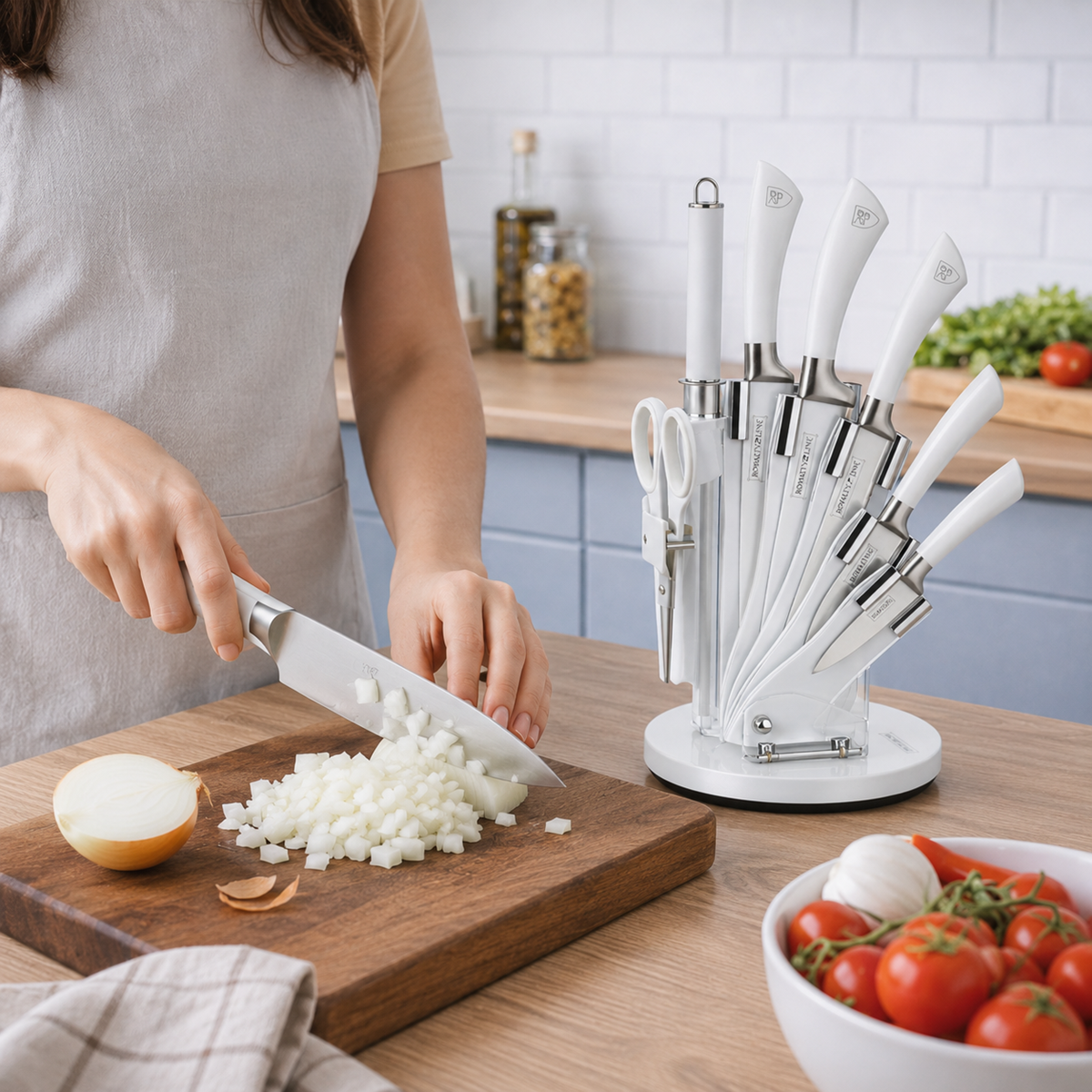Set Cutite Bucatarie Royalty Line, 8 Piese, Inox, Suport Rotativ 360°, Alb