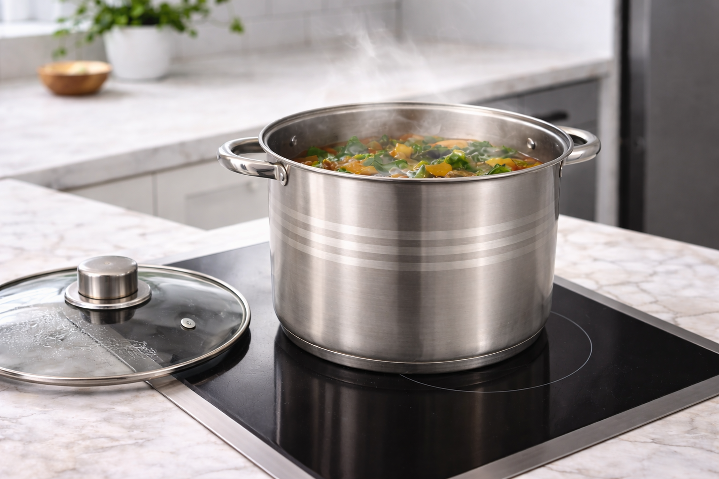 Oala Inox 13.5L cu Capac Sticla, 28 cm, Pentru Gatit Zilnic