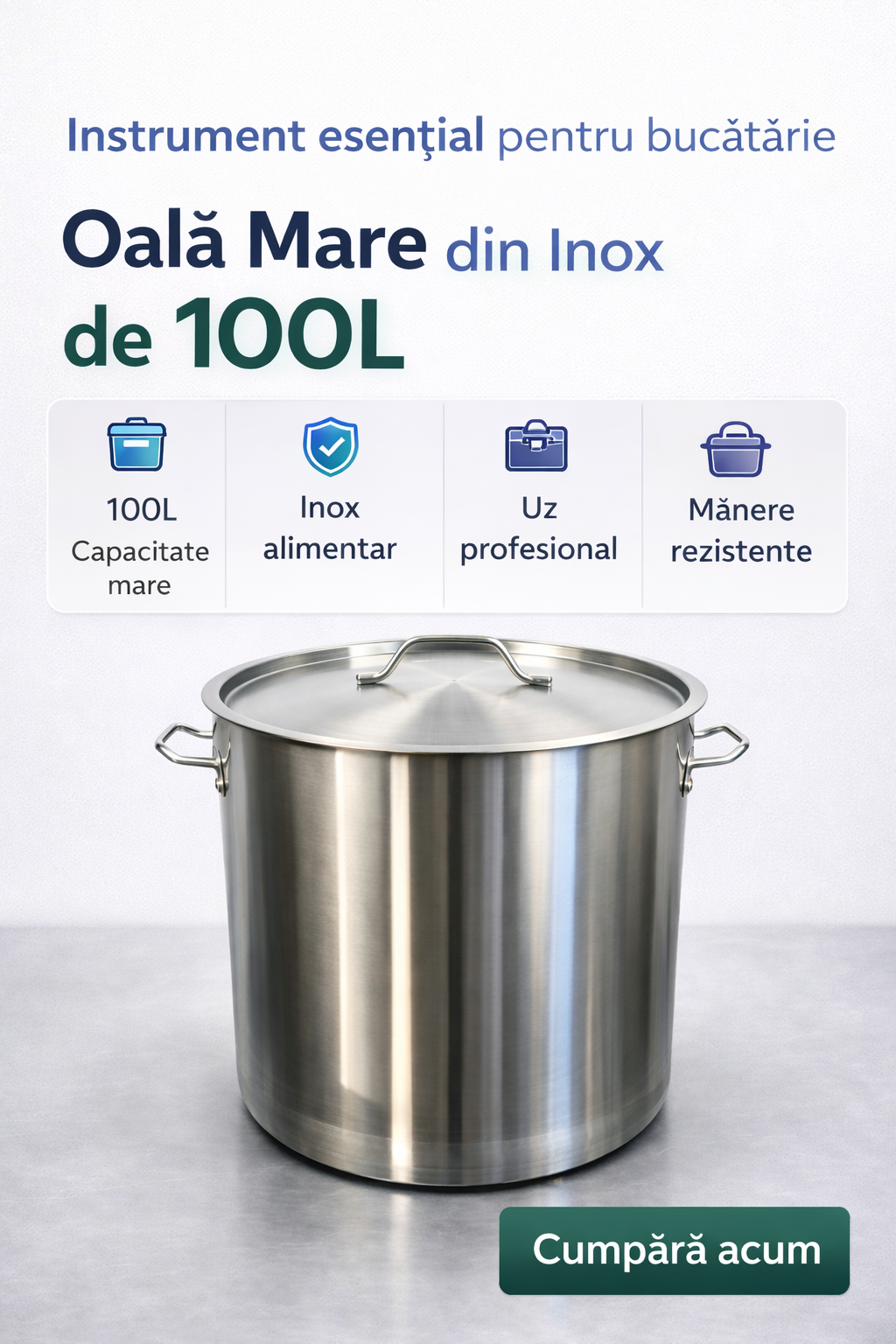 Oala Profesionala Inox 100L, 50 x 50 cm, Capac Inclus, Horeca Catering