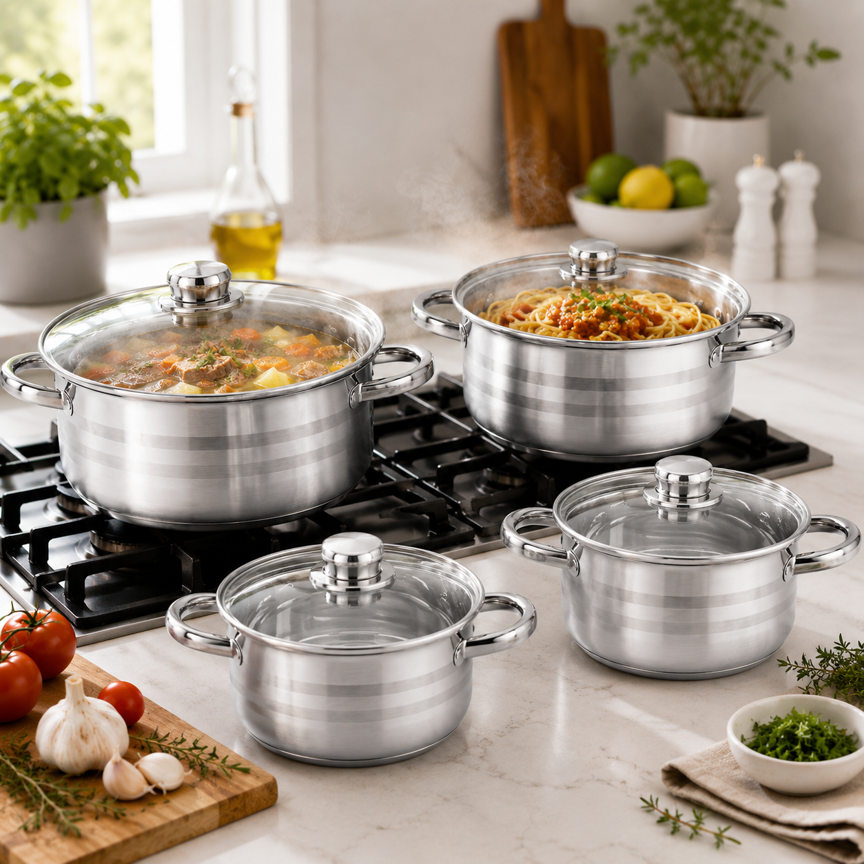 Set 4 cratite inox cu capace Royalty Line 4.5L, 5.8L, 7.3L, 9.1L