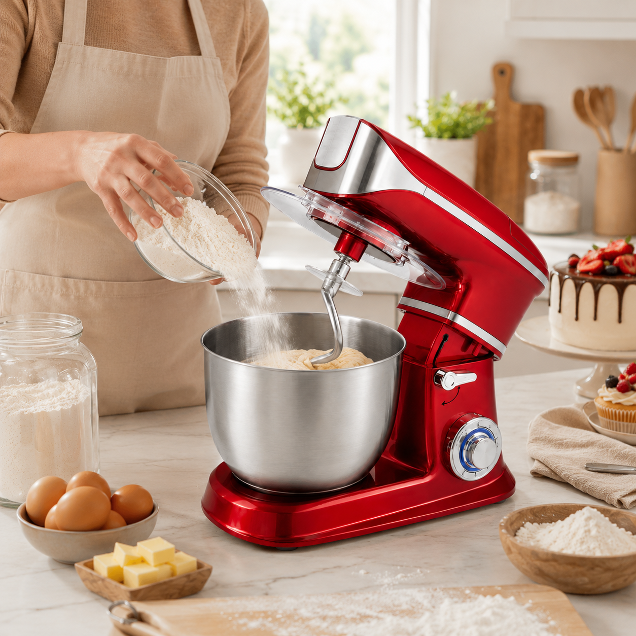 Robot bucatarie Royalty Line rosu 1900 W, 6.5 l, 6 viteze, bol inox, 3 palete incluse