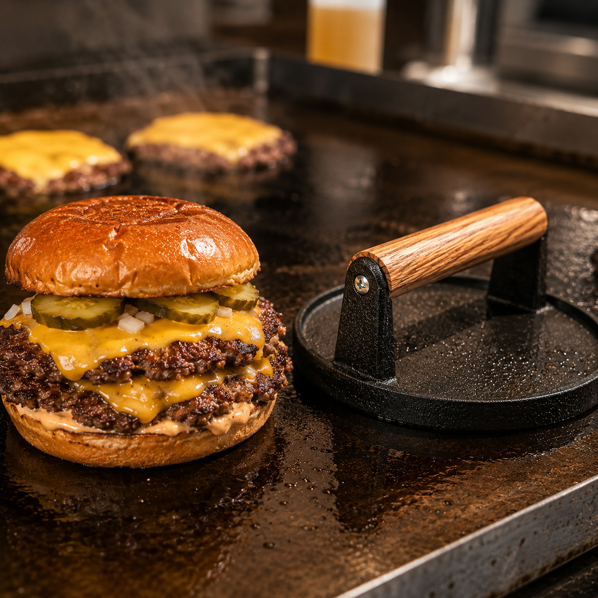Presa din Fonta pentru Smash Burger 17 cm cu Maner din Lemn