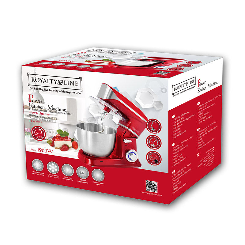 Robot bucatarie Royalty Line rosu 1900 W, 6.5 l, 6 viteze, bol inox, 3 palete incluse
