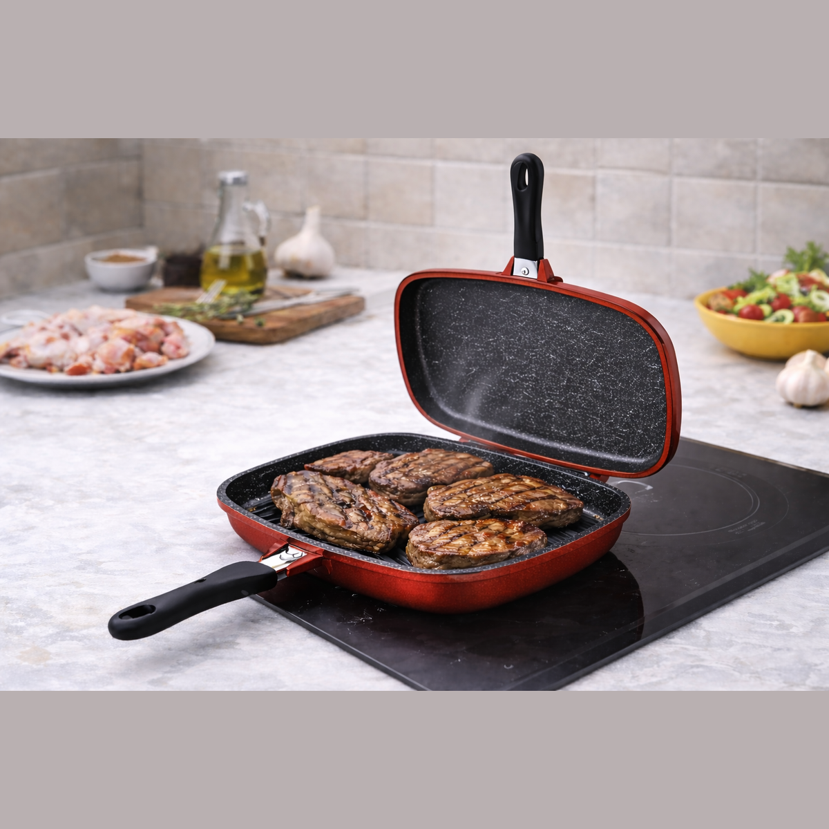 Tigaie Grill Dubla 34 cm, Aluminiu Turnat, Marmura Antiaderenta