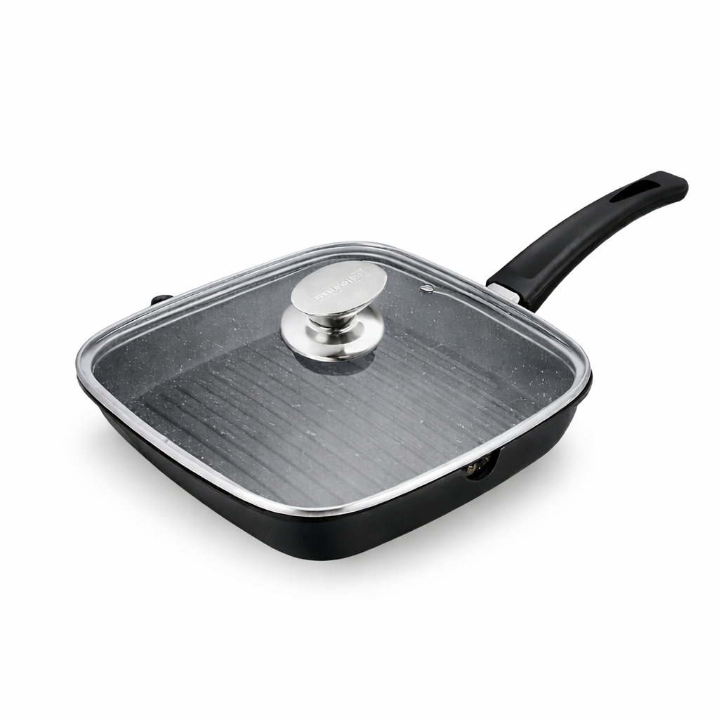 Tigaie Grill Patrata 24 cm, Capac Sticla, Aluminiu Turnat, Royalty Line
