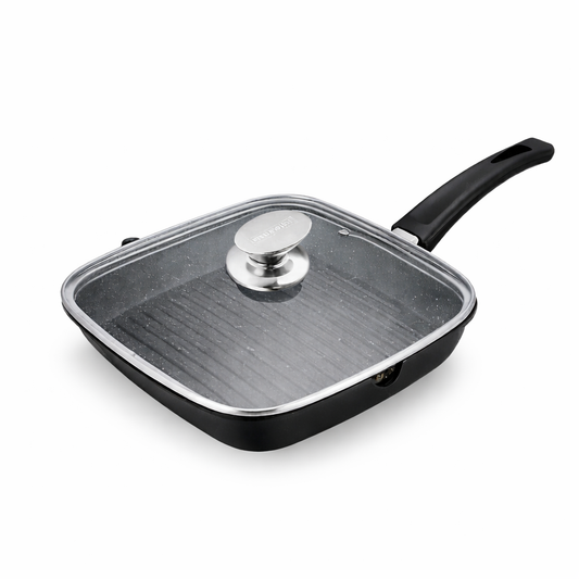 Tigaie Grill Patrata 24 cm, Capac Sticla, Aluminiu Turnat, Royalty Line
