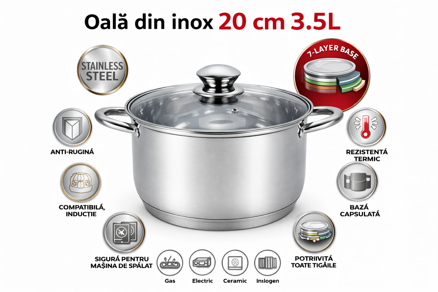 Oala inox 3.5L, 20 cm, capac sticla termorezistenta, inductie