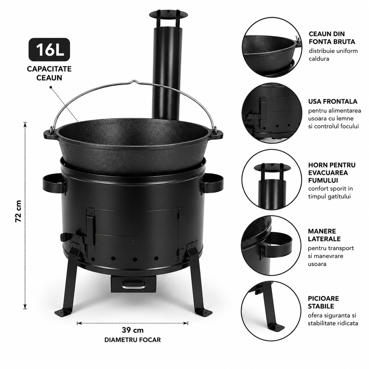 Set Ceaun Fonta Bruta 16L cu Focar 36 cm si Horn pentru Gatit
