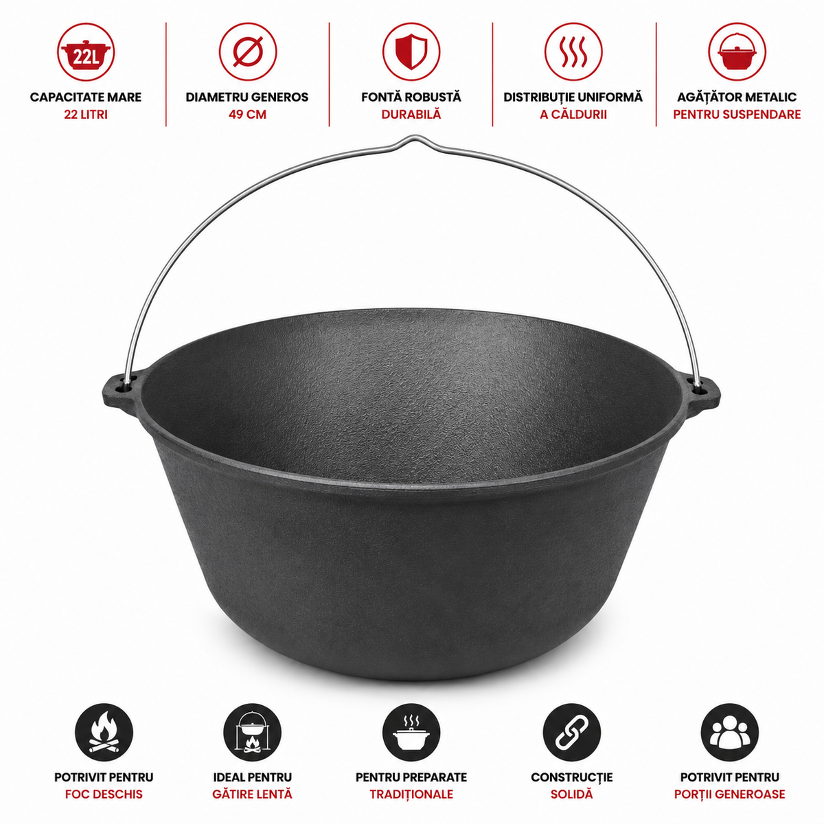 Ceaun din Fonta 22 L cu Agatator, Diametru 49 cm