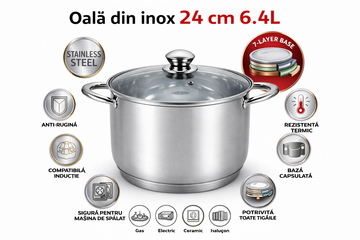Oala Inox 6.4L, 24 cm, Capac Sticla, Compatibila Inductie