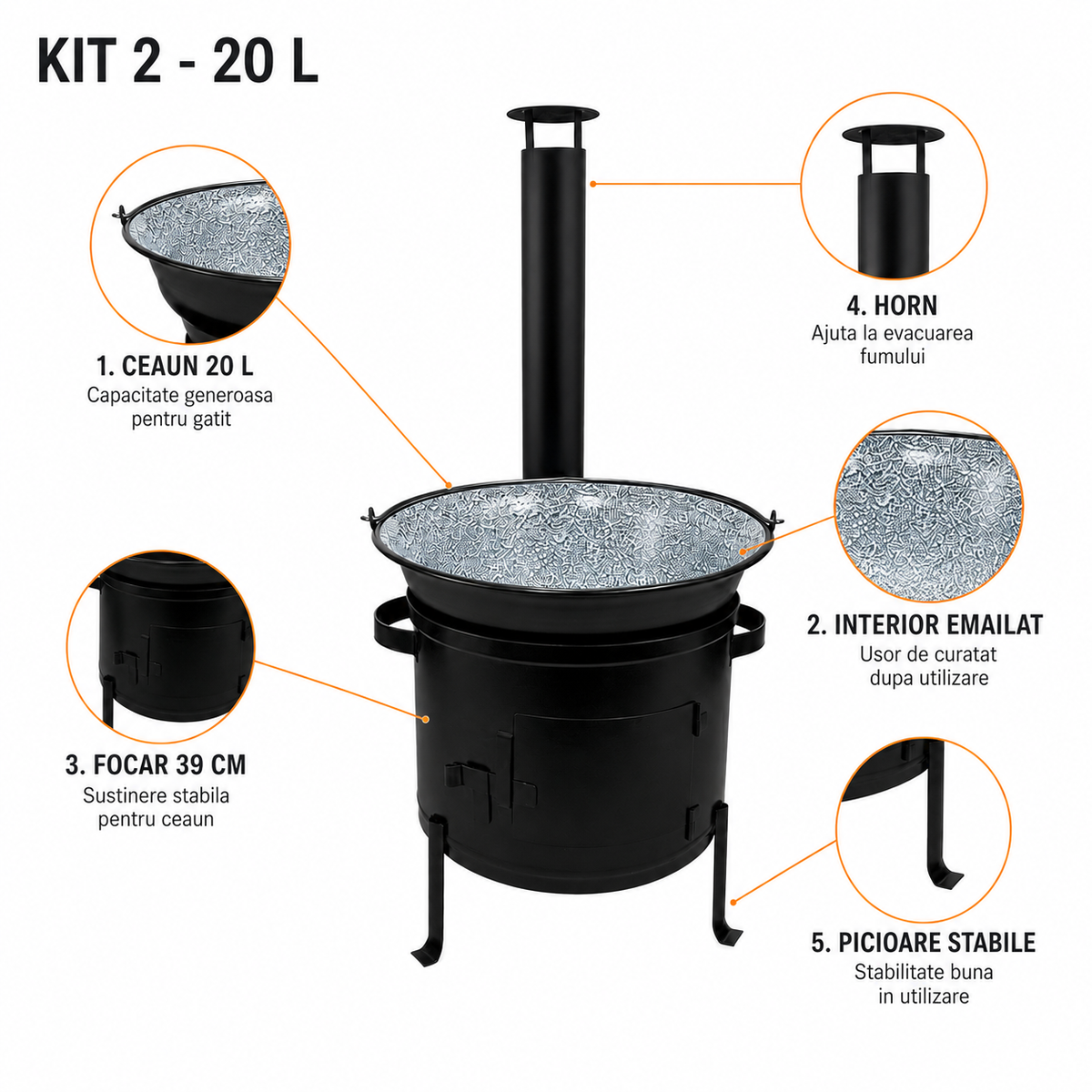 Set Ceaun Emailat 20L cu Focar 39 cm si Horn pentru Gatit