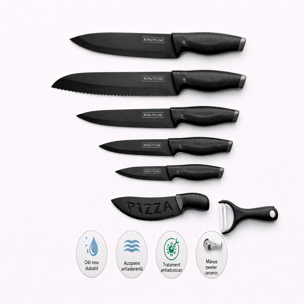 Set Cutite Bucatarie Royalty Line, 7 Piese, Inox cu Strat Antiaderent, Peeler Ceramic Inclus