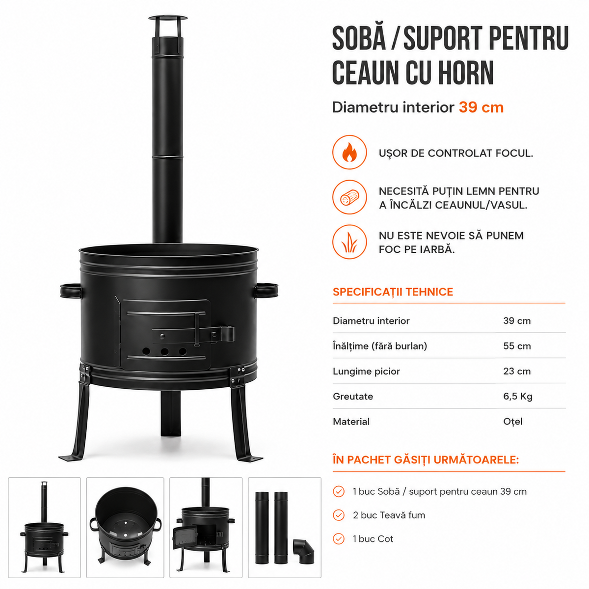 Soba / Suport pentru Ceaun cu Horn, Otel, Diametru Interior 39 cm