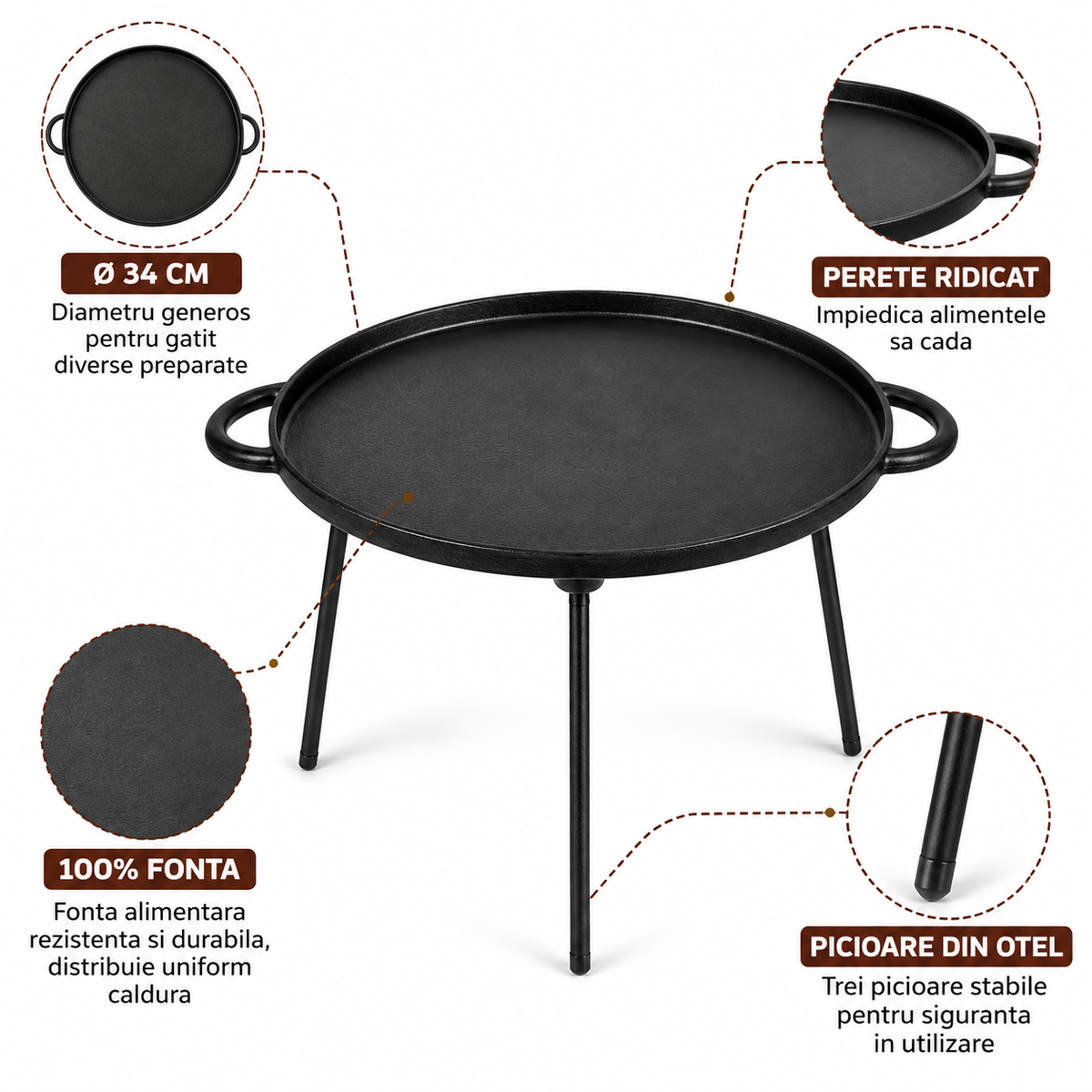 Disc Gratar Fonta Xelon 34 cm cu Perete, Manere si Picioare