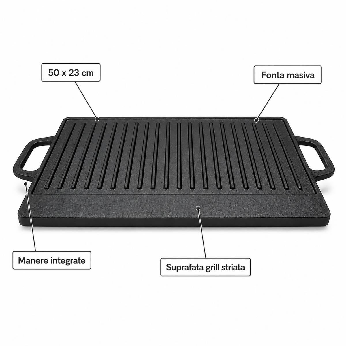 Plita Grill din Fonta 50x23 cm cu Manere, Suprafata Striata