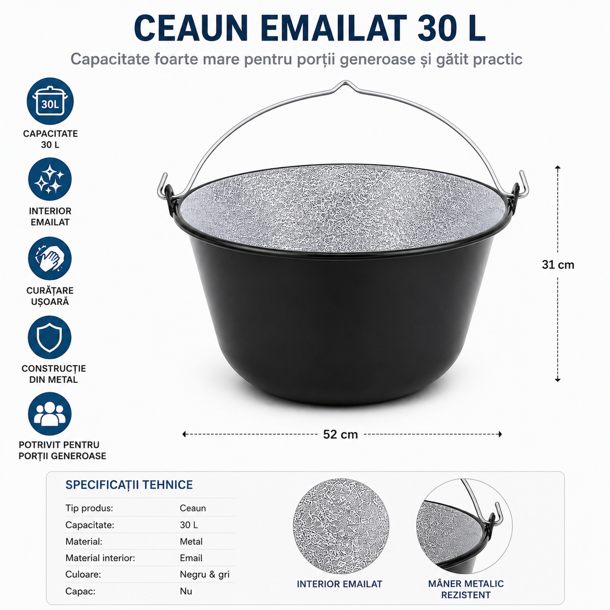 Ceaun Emailat 30 L din Metal, Interior Emailat, Negru & Gri