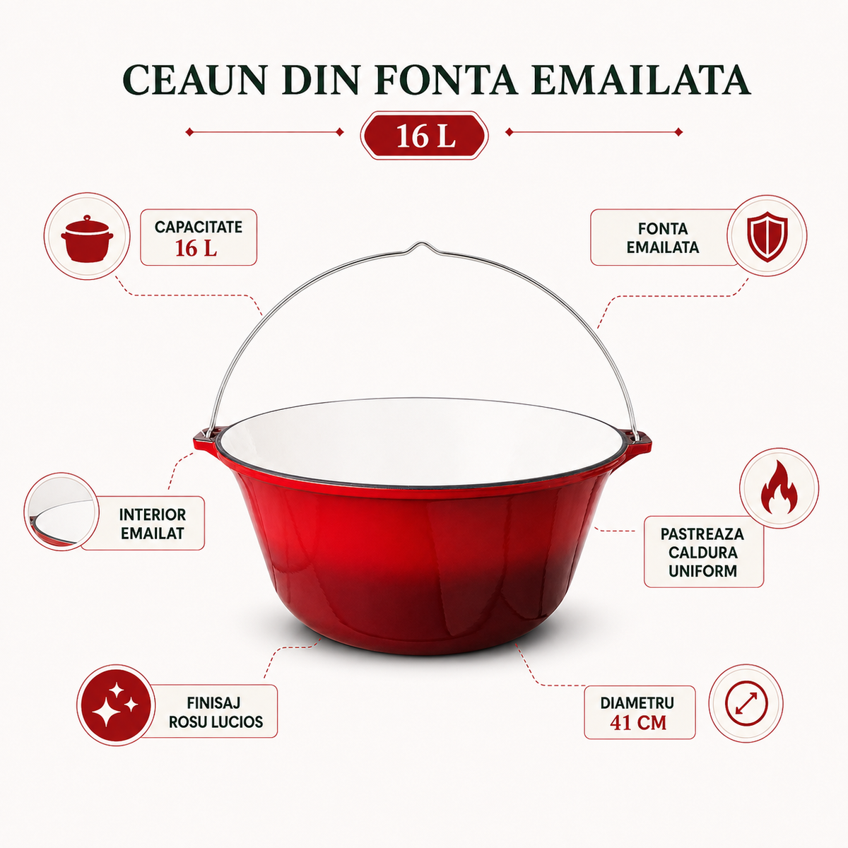 Ceaun din Fonta Emailata Rosie 16 L, Diametru 41 cm