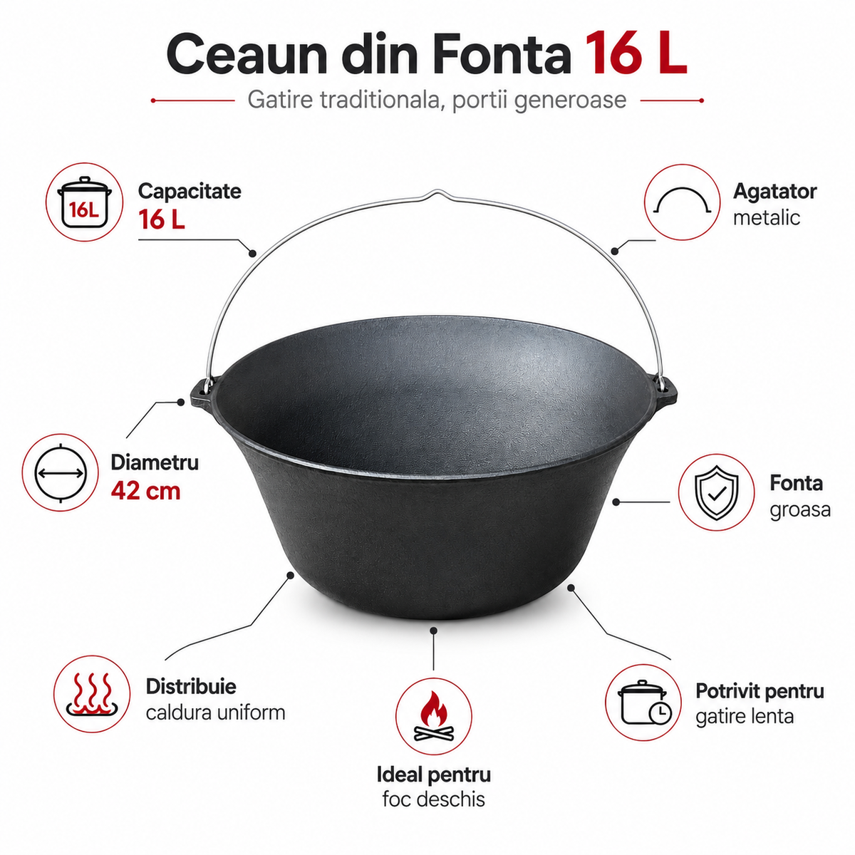 Ceaun din Fonta 16 L cu Agatator, Diametru 42 cm