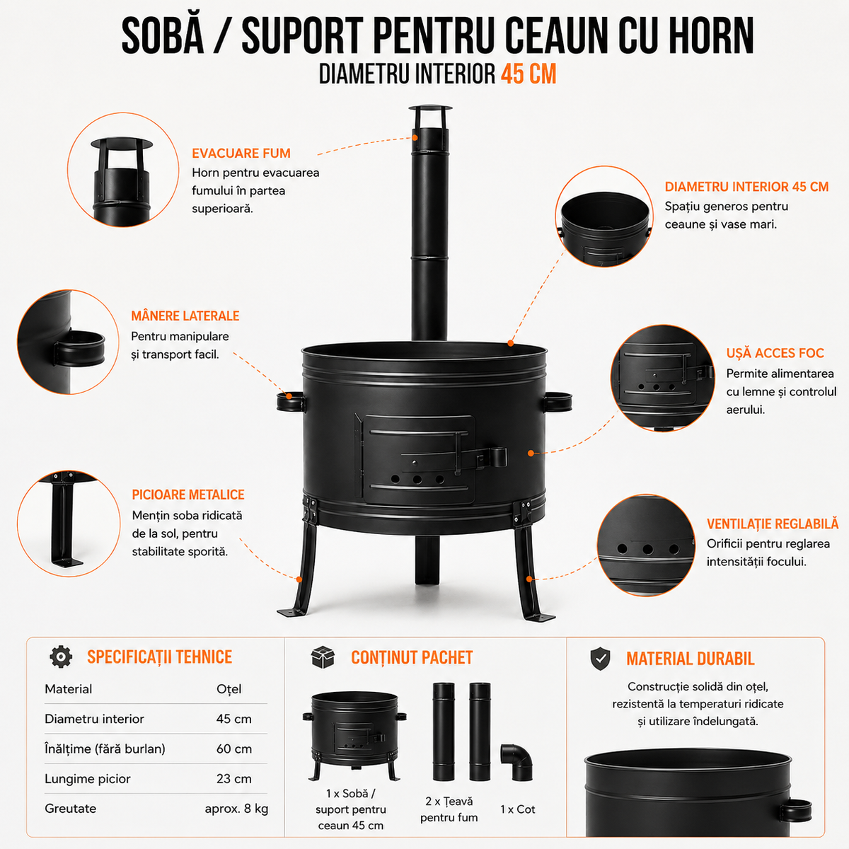 Soba / Suport pentru Ceaun cu Horn, Otel, Diametru Interior 45 cm