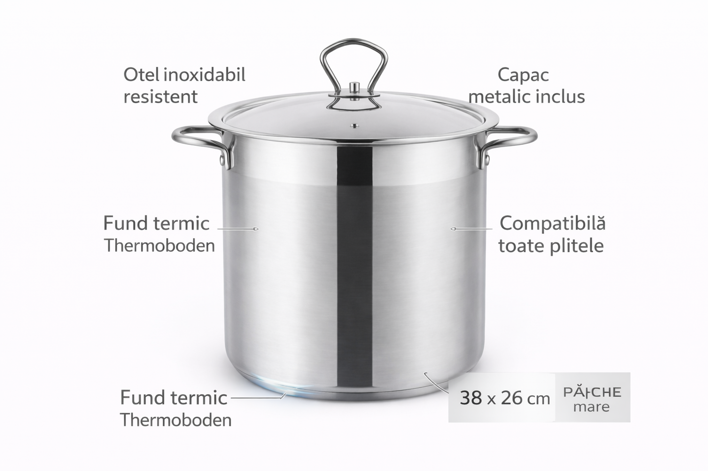Oala Inox Royalty Line 38 x 26 cm cu Capac Metalic, Capacitate Mare