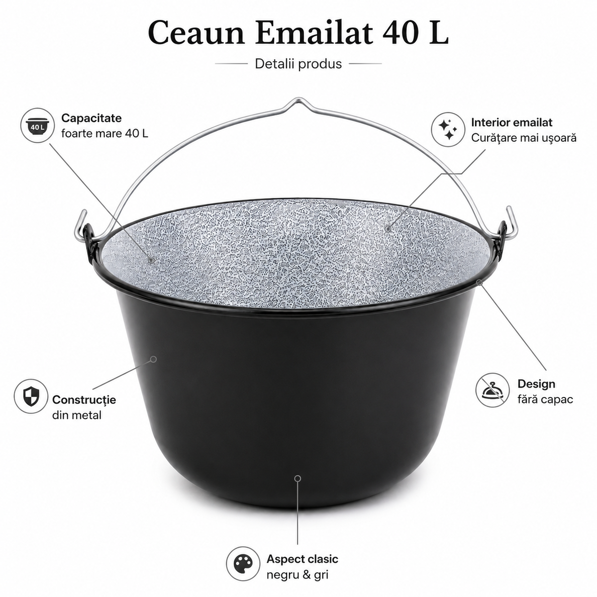 Ceaun Emailat 40 L din Metal, Interior Emailat, Negru & Gri