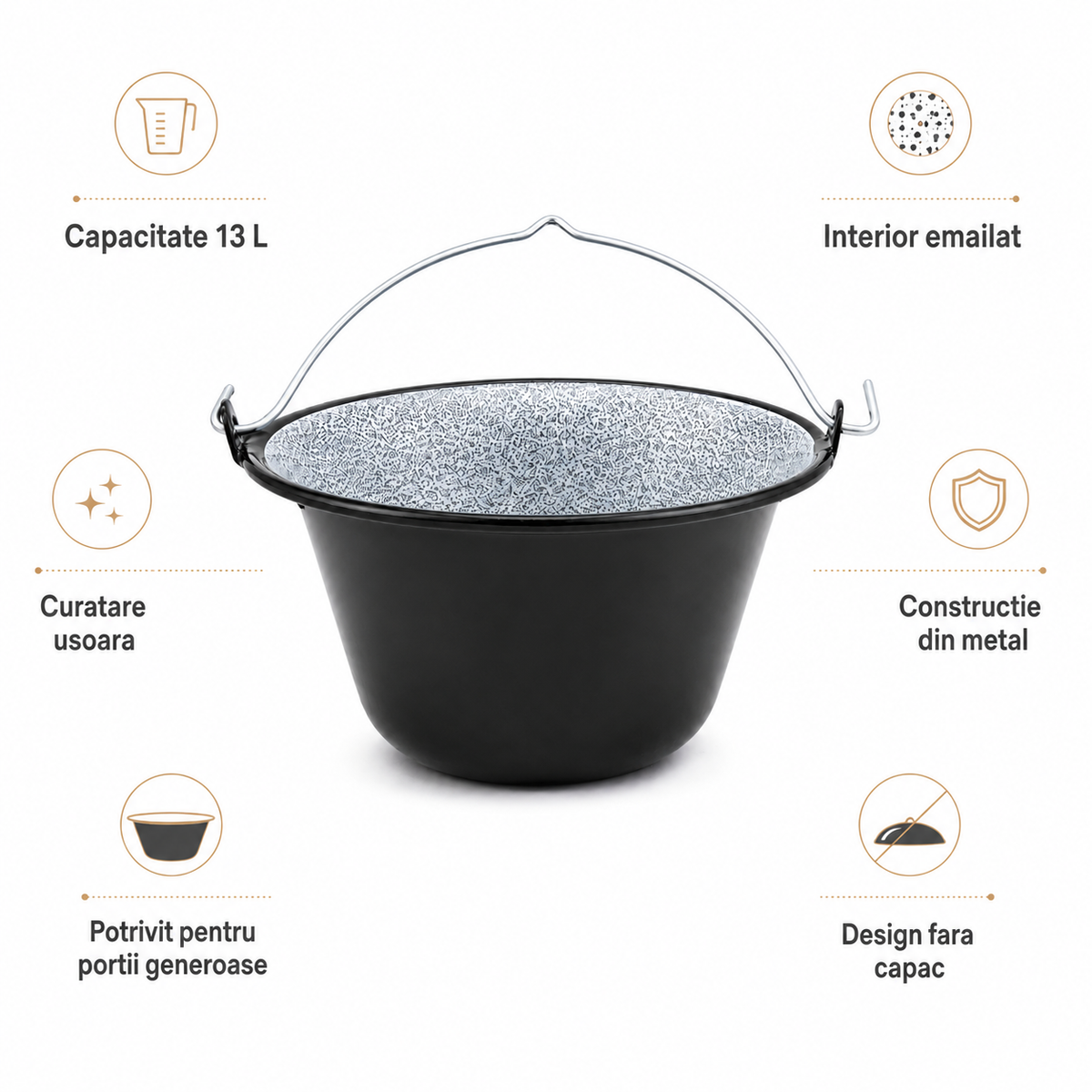 Ceaun Emailat 13 L din Metal, Interior Emailat, Negru & Gri