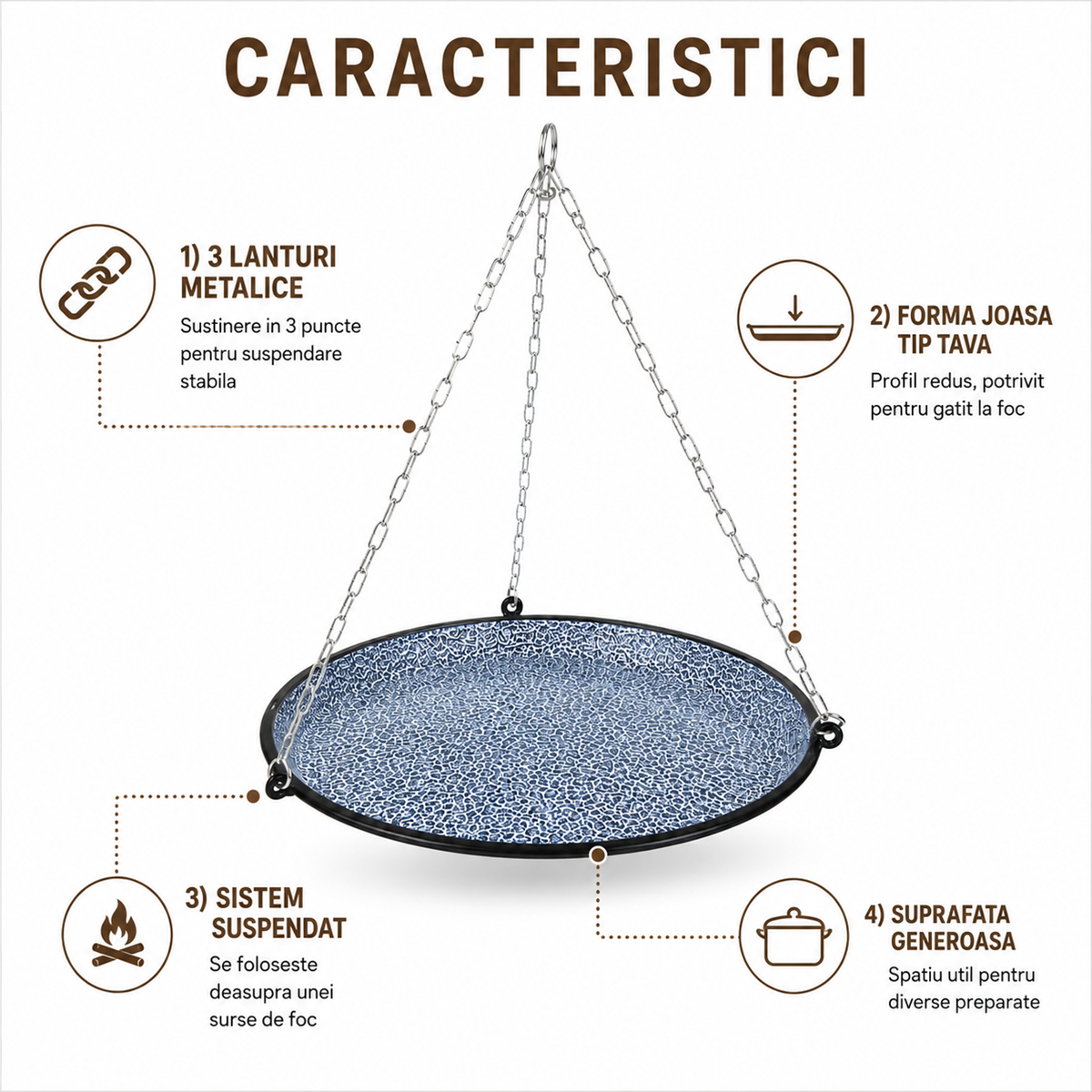 Disc Gratar Suspendat cu 3 Lanturi, Rotund, Tip Tava pentru Foc