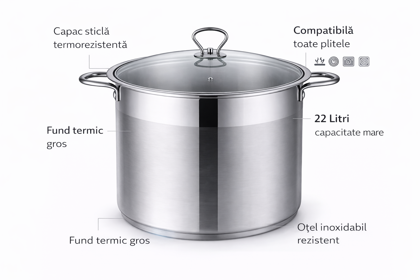 Oala Inox Royalty Line 36 x 25 cm, 22L, Capac din Sticla Termorezistenta