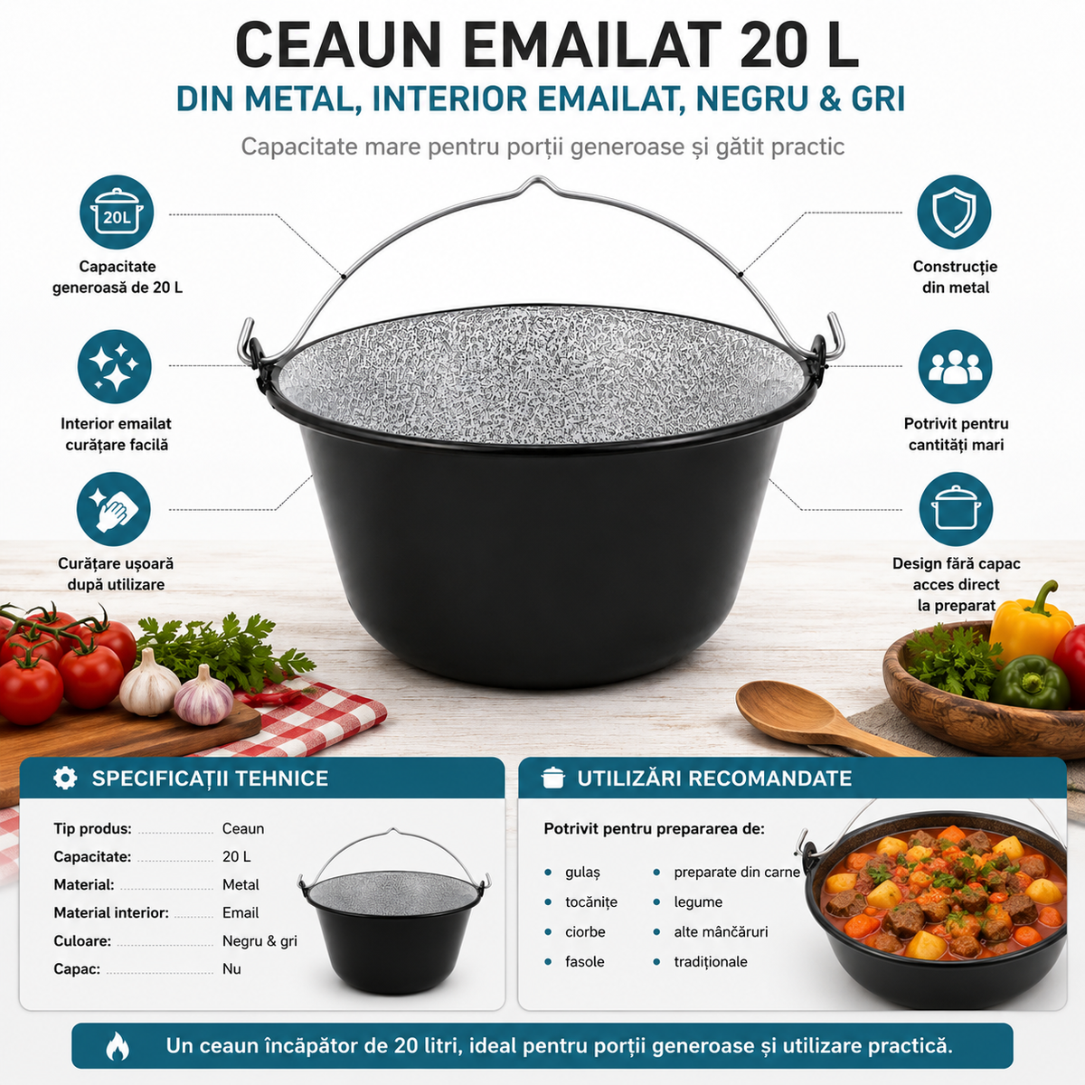 Ceaun Emailat 20 L din Metal, Interior Emailat, Negru & Gri