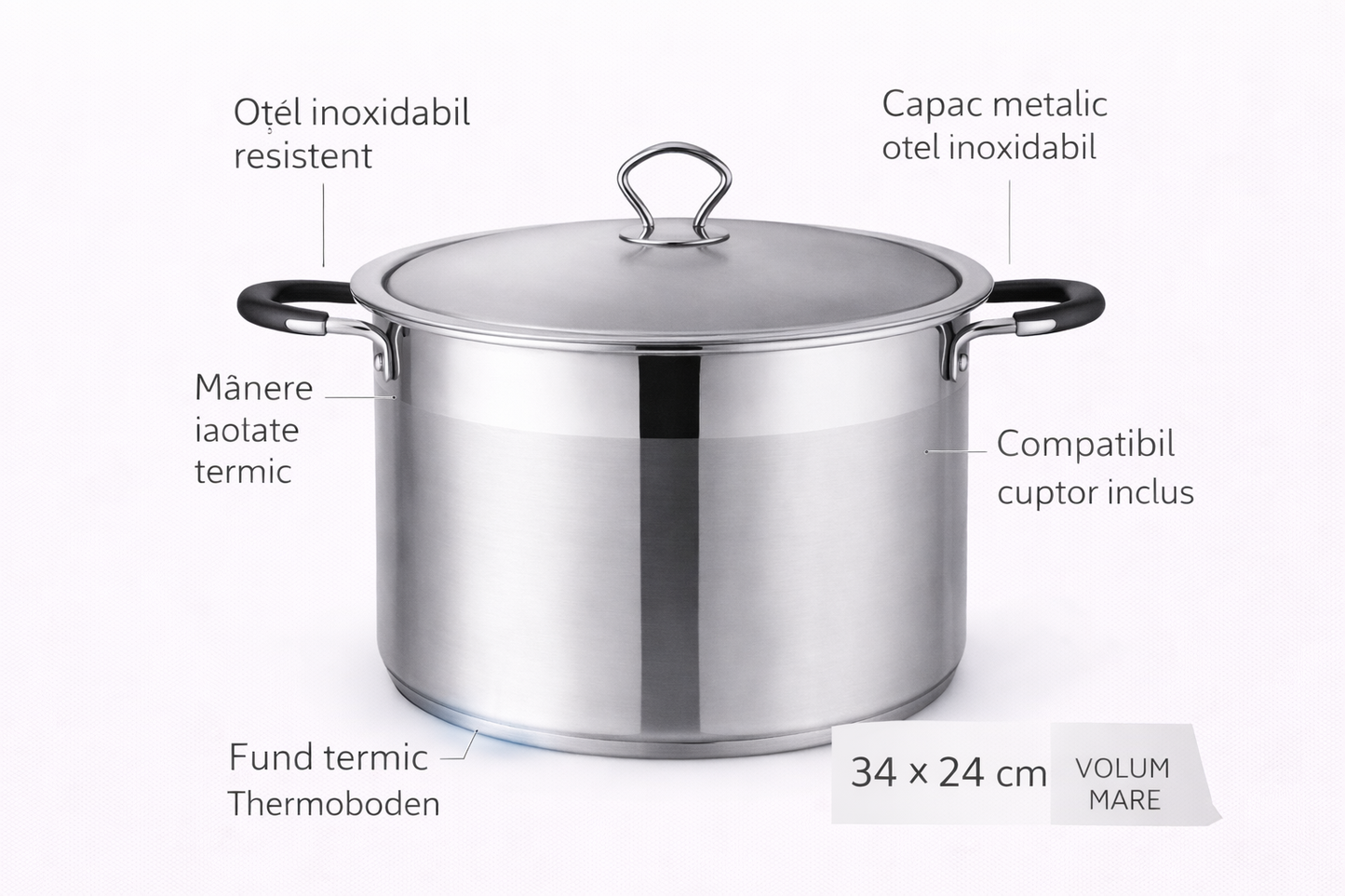 Oala Inox 22L cu Capac Metalic, 34 x 24 cm, Fund Termic