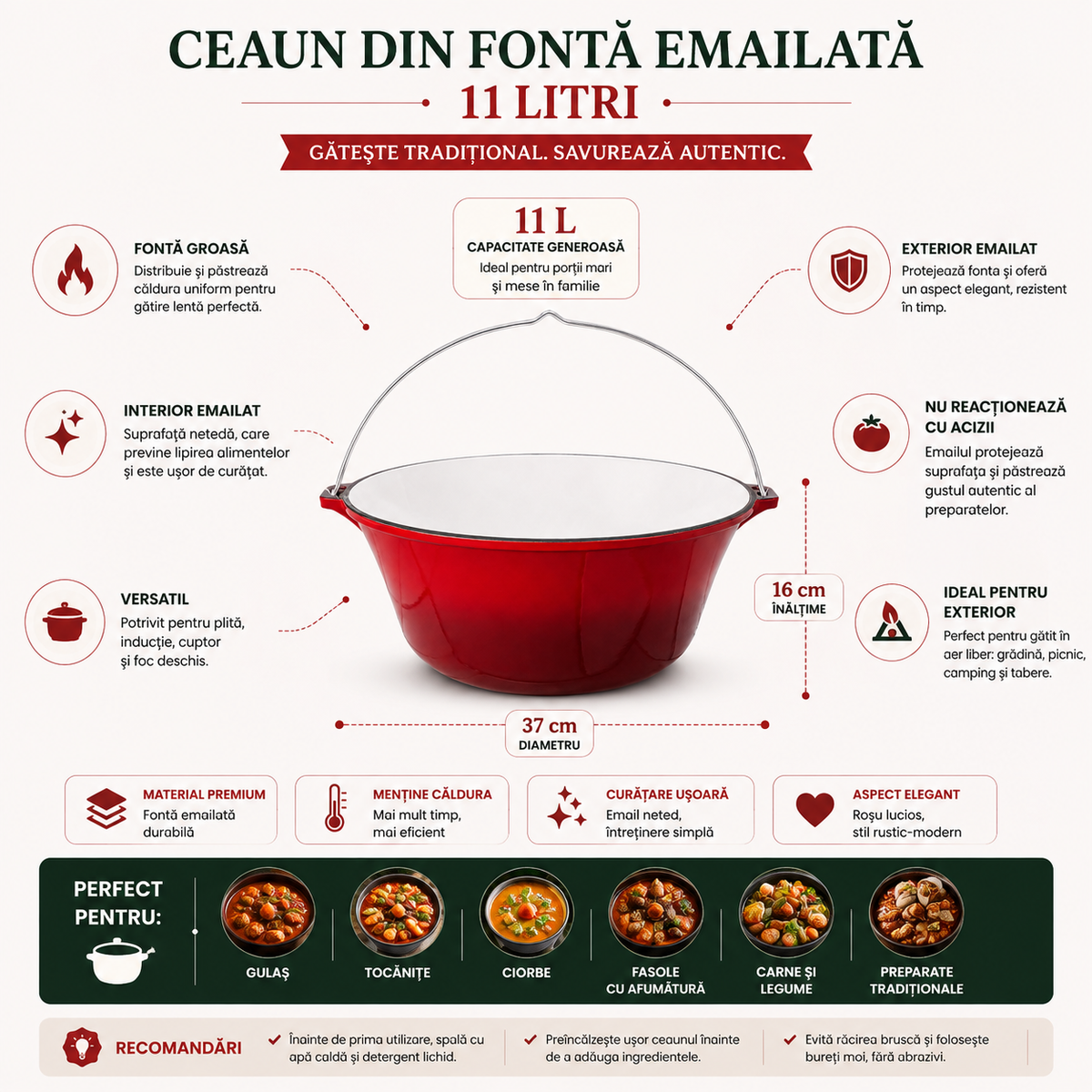 Ceaun din Fonta Emailata Rosie 11 L, Diametru 37 cm