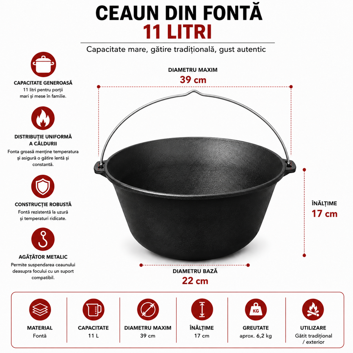 Ceaun din Fonta 11 L cu Agatator, Diametru 39 cm